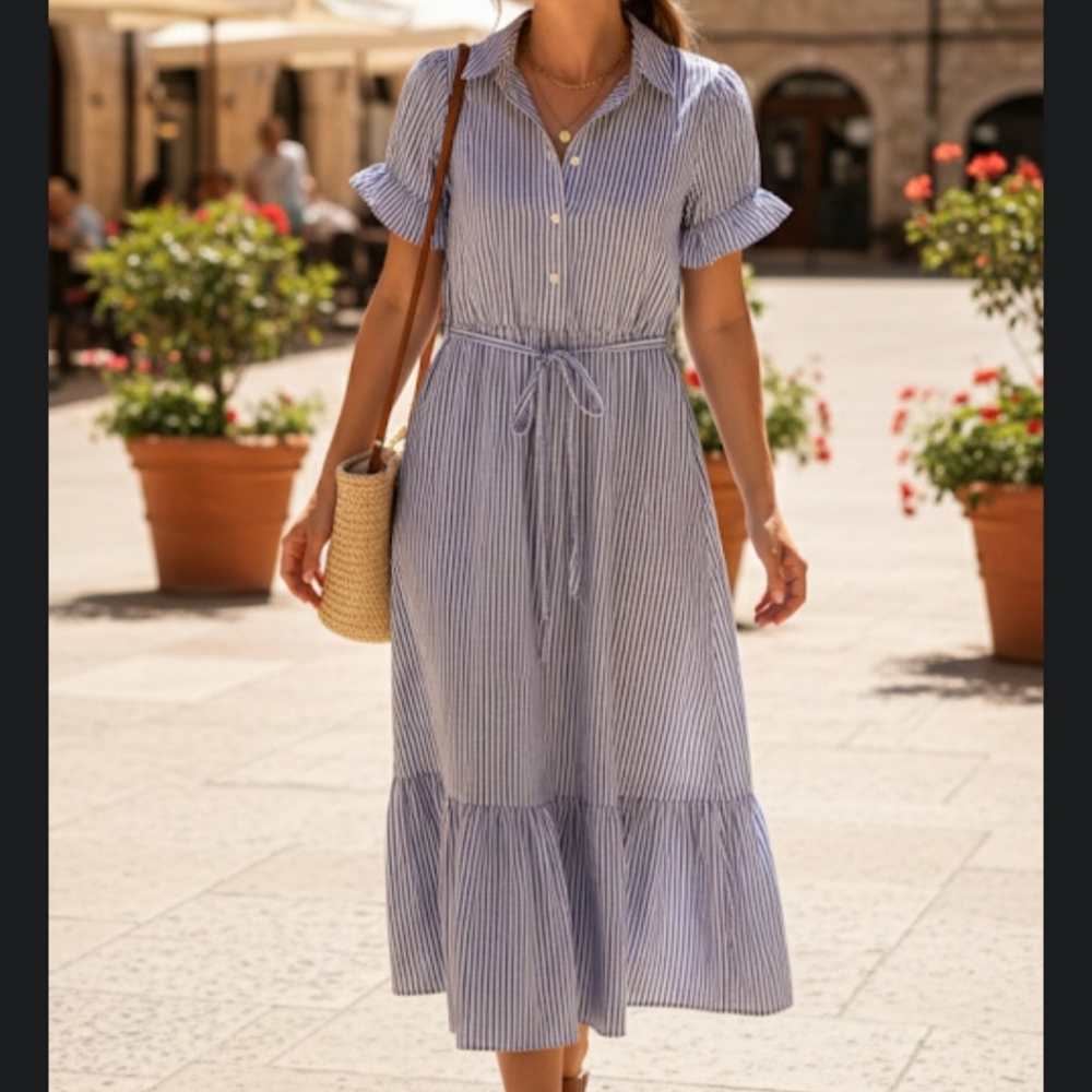 J.Crew Amelia Max Shirt Dress Blue White Striped Ruffle Tie Waist Dress